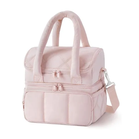 Double Layer Quilted Puffer Lunch Bag Thermal Insulated Picnic Tote Bag With Adjustable Shoulder Strap For Work School Outdoor