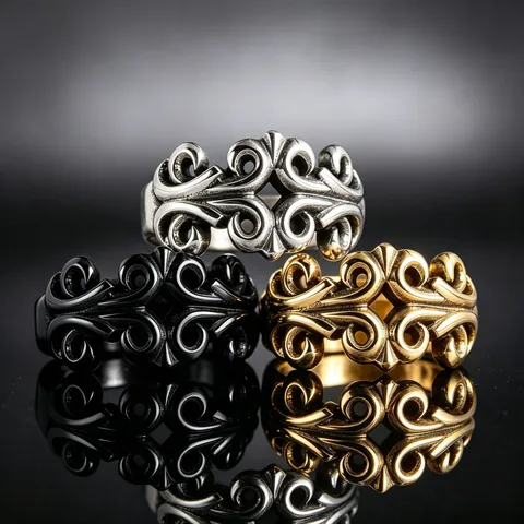 Vintage Stainless Steel Carved Scroll Ring Gothic Punk Hollow Out Band Ring For Men Women Gold Silver Black Rings