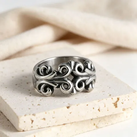 Vintage Stainless Steel Carved Scroll Ring Gothic Punk Hollow Out Band Ring For Men Women Gold Silver Black Rings