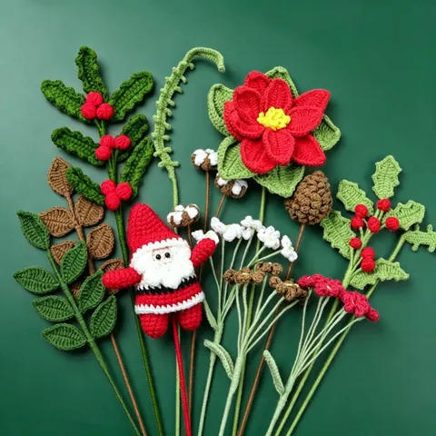 Bouquet Fleurs Artificielles Crochet Fait Main Poinsettia Tricoté Branche Père Noël Décoration Noël Maison Cadeau