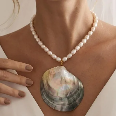 Natuursteen Kralen Schelp Hanger Halsketting Voor Vrouwen 18K Verguld Titanium Staal Boheems Strand Vakantie Sieraden
