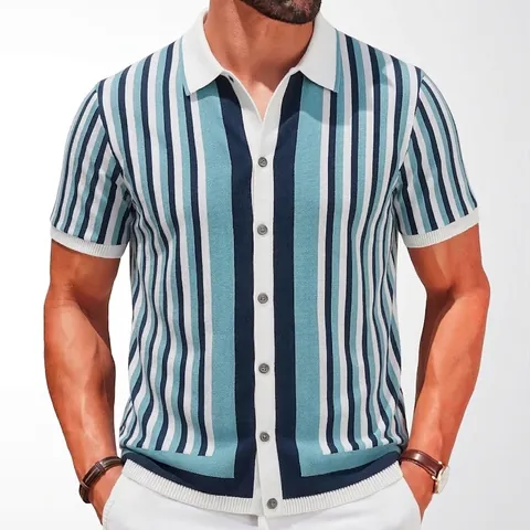 Men's Casual Short Sleeve Striped Knitted Polo Shirt Vintage Vertical Striped Button Down Viscose Knit Cardigan Top For Men