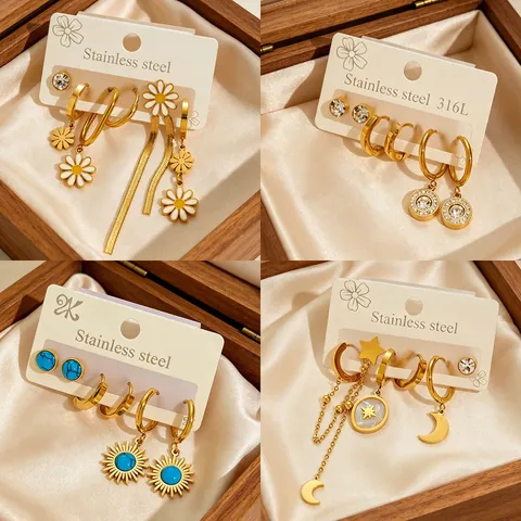 Gold Plated Stainless Steel Earrings For Women Star Moon Butterfly Daisy Heart Shell Faux Artificial Pearl Zircon Studs Hoops Drops