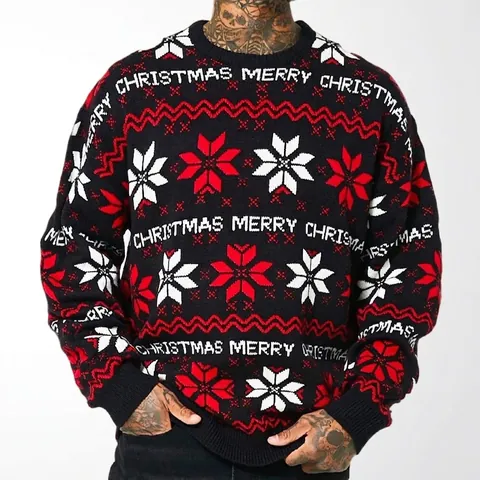 Men Christmas Jacquard Sweater Snowflake Merry Christmas Letter Knit Pullover Winter Festival Party Round Neck Long Sleeve Top
