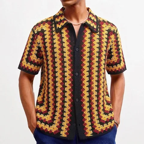 Heren Vintage Vakantiestijl Gehaakte Opengewerkte Gebreide Poloshirt Retro Golfpatroon Korte Mouw Top