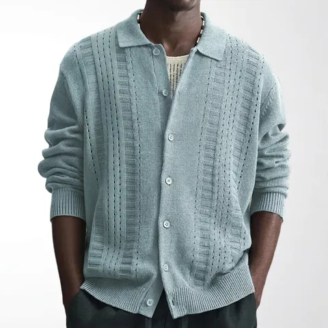 Men's Casual Knit Cardigan Polyester Pointelle Textured Sweater Top Lightweight Long Sleeve Button Down Polo Neck For Spring Autumn SY0195