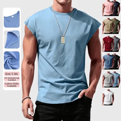 Men's Sleeveless T-Shirt Ribbed Texture Round Neck Casual Fitness Tank Top Summer Solid Color Sporty Muscle Top
