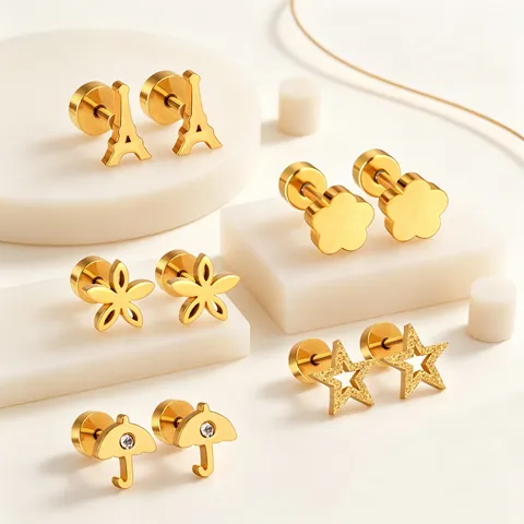 Stainless Steel Flower Star Crown Stud Earrings With Cubic Zirconia Gold Plated Twist Screw Back Minimalist Jewelry Women