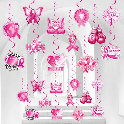 Pink Ribbon Breast Cancer Awareness Hanging Decorations Paper Cards Spiral Swirls For Charity Hope Survivor Party Event Decor