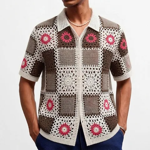Polo de Punto de Crochet Calado con Patchwork Geométrico Retro Americano para Hombre Manga Corta Cárdigan Vintage Top