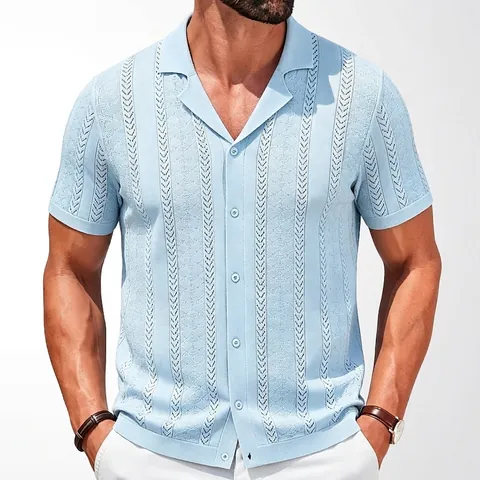 Men Cuban Collar Knit Polo Shirt Vintage Wheat Spike Jacquard Short Sleeve Button Down Cardigan Breathable Viscose Casual Top
