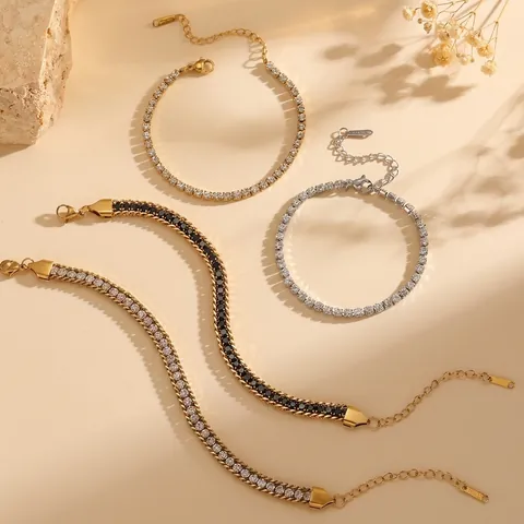 Bracelet Tennis Pour Femme En Acier Inoxydable Plqué Or Avec Zircon Étincelant Chaîne Réglable Bijoux