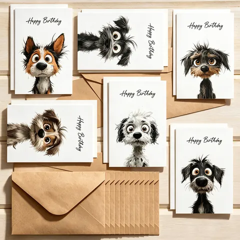 Cute Cartoon Animal Dog Birthday Greeting Cards With Envelopes For Kids Friends Gift Invitations Handwritten Cardboard Cards