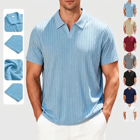 Men's Casual Vertical Stripe Jacquard Polo Shirt Breathable Polyester Short Sleeve Notch Neck Summer Vacation Top
