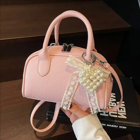 Women Litchi Grain PU Leather Boston Bag Simple Shoulder Crossbody Bag With Artificial Pearl Heart Lace Bow Charm Commuting Satchel Handbag