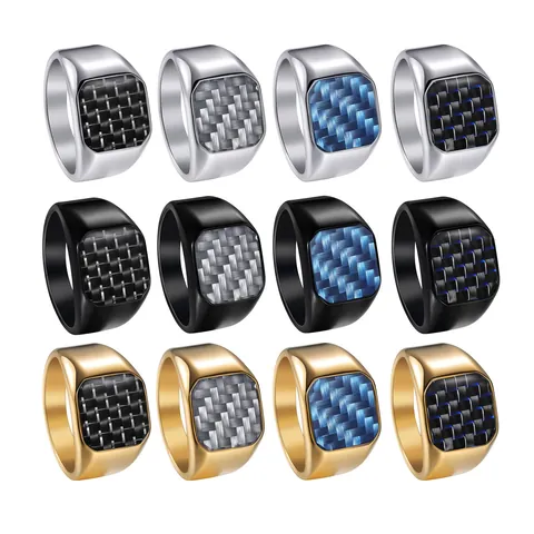 Stainless Steel Signet Ring For Men Gold Silver Black Carbon Fiber Inlay Square Geometric Finger Ring Jewelry Accessories