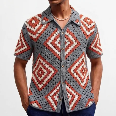 Men's American Casual Argyle Hollow Out Crochet Knit Polo Shirt Vintage Short Sleeve Button Down Cardigan Top For Summer
