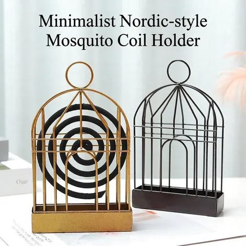 Soporte de Hierro para Bobinas de Mosquitos con Forma de Jaula de Pájaros Portátil para Colgar con Bandeja Recogecenizas