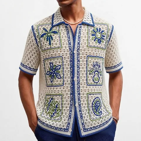 Heren Vakantiestijl Gehaakt Opengewerkt Polo Shirt Geborduurd Kokosboom Paisley Patroon Korte Mouw Revers Cardigan Top