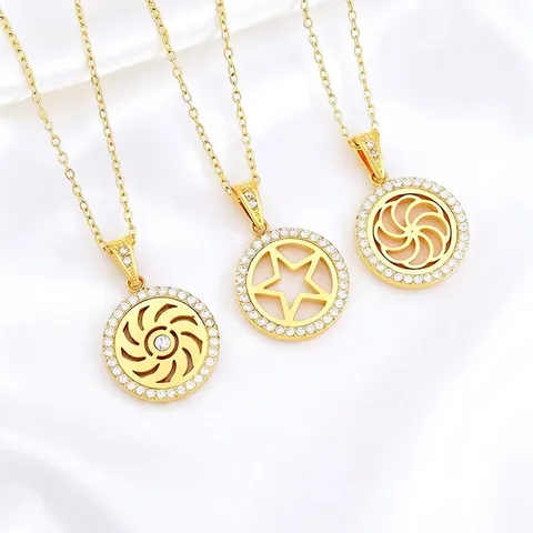 Titanium Steel Zircon Pendant Necklace 18K Gold Plated Hollow Hamsa Tree of Life Lotus Clavicle Chain Jewelry For Women