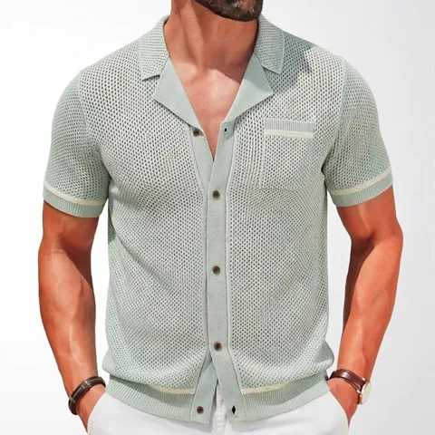 Men Cuban Collar Knit Short Sleeve Shirt Pointelle Hollow Breathable Viscose Cardigan Polo Shirt Contrast Stripe Knitwear Top