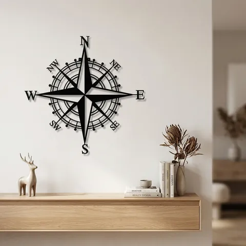 Nautical Compass Metal Wall Art Decor Hollow Out Iron Hanging Sign For Home Living Room Office Vintage Style