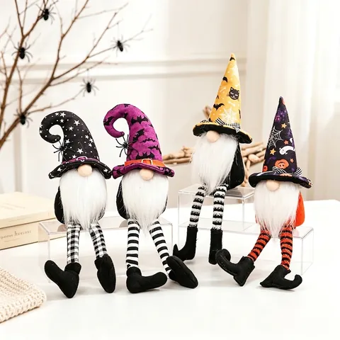 Halloween Long Legged Gnome Plush Decoration Witch Hat Bat Star Pattern Gonk Dwarf Doll For Party Table Home Ornament