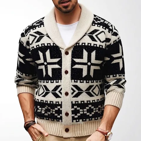 Heren Retro Etnisch Gebreid Vest Met Sjaalkraag En Geometrische Patronen Dik Gebreid Vest Voor Herfst En Winter