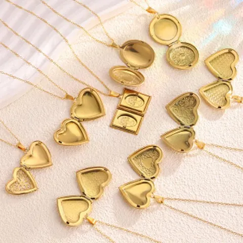 Vintage Locket Necklace Stainless Steel Engraved Floral Photo Frame Heart Oval Round Pendant Jewelry For Women Classic