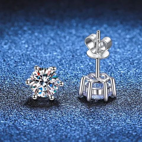 Pendientes De Botón De Moissanita Clásicos De Plata De Ley 925 Con Seis Garras Corte Brillante Redondos Para Mujer