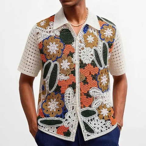 Polo de Punto para Hombre de Crochet Hecho a Mano Calado Jacquard Floral Étnico Cárdigan de Manga Corta Casual de Verano