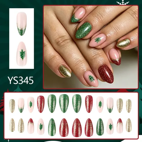 Unghie Finte da Premere Albero di Natale Rosso Verde Oro Glitter Forma a Mandorla ABS Manicure per Donna Festa