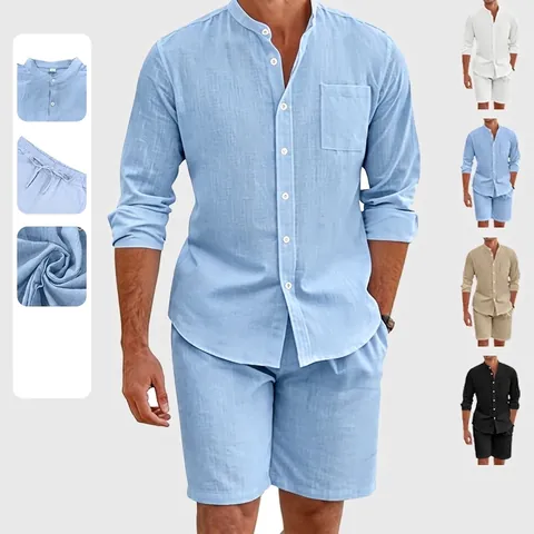 Completo da Uomo in Lino Casual Due Pezzi Camicia a Maniche Lunghe con Bottoni e Pantaloncini con Coulisse Abiti da Spiaggia