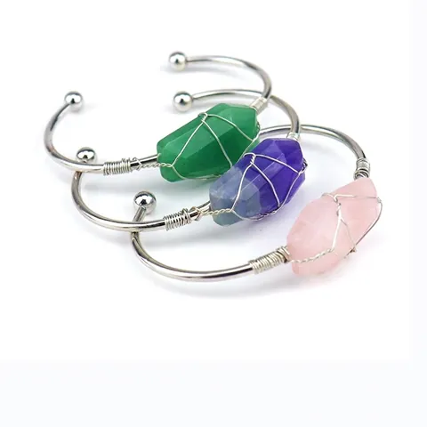 Handgefertigt Kupfer Drahtumwickelt Natur Kristall Manschette Armband Damen Hexaeder Rohstein Verstellbar Offen Armreif Schmuck Geschenk