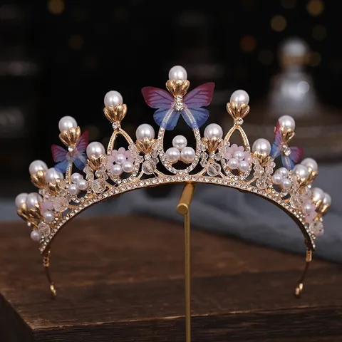 High-End Princess Crown Tiara For Girls Alloy Artificial Pearl Rhinestone Hair Accessories Kids Birthday Party Show Performance Crown Headwear Gift