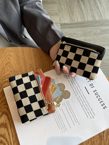 Dames Vintage Schaakbordpatroon Canvas Portemonnee Multifunctionele Drievoudige Rits Mini Kleine Portemonnee Kaart Sleuteltas