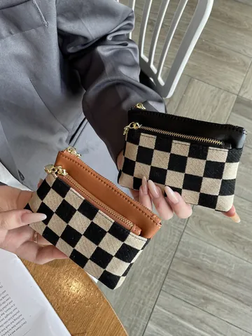 Dames Vintage Schaakbordpatroon Canvas Portemonnee Multifunctionele Drievoudige Rits Mini Kleine Portemonnee Kaart Sleuteltas