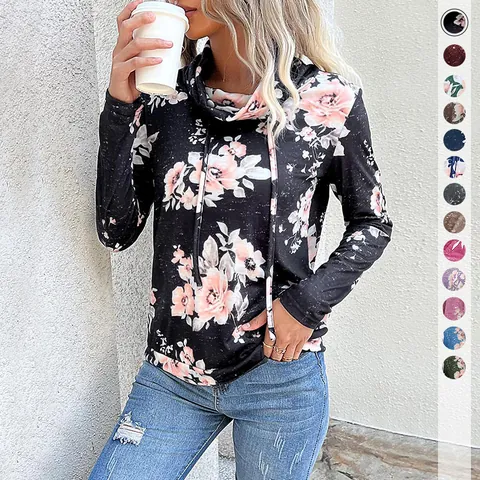 Women European Style Floral Print Cowl Neck Drawstring Sweatshirt Casual Long Sleeve Polyester Elastane Pullover Top For Daily