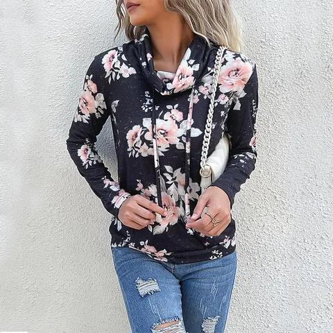 Women European Style Floral Print Cowl Neck Drawstring Sweatshirt Casual Long Sleeve Polyester Elastane Pullover Top For Daily