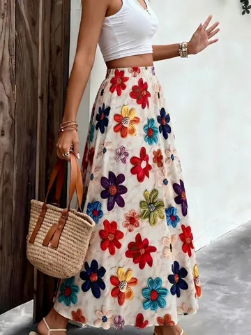 Women Bohemian Floral Printed Maxi Skirt High Elastic Waist A-Line Pleated Long Skirt Summer Casual Holiday Beach Skirt