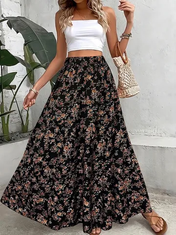 Women Bohemian Floral Printed Maxi Skirt High Elastic Waist A-Line Pleated Long Skirt Summer Casual Holiday Beach Skirt