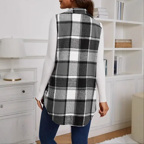 Women Plaid Sleeveless Vest Lapel Button Down Pocket Oversized Woolen Look Waistcoat Fall Winter Loose Outwear Top