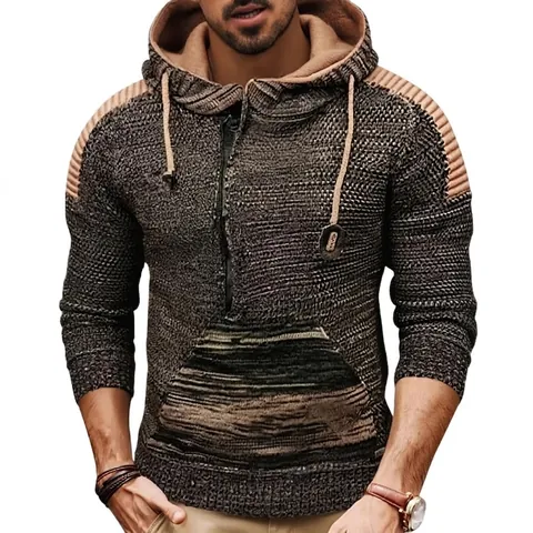 Suéter de Punto con Capucha para Hombre Bloque de Color Media Cremallera Jersey Cálido Casual Holgado Streetwear Top Con Bolsillo De Canguro