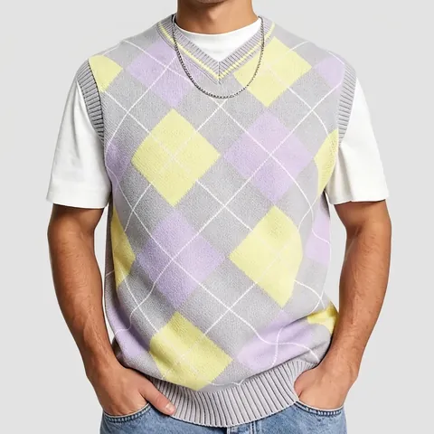 Chaleco de Punto Argyle Vintage para Hombre Cuello en V Sin Mangas Acrílico Color de Contraste Estilo Preppy Suéter Chaleco Top