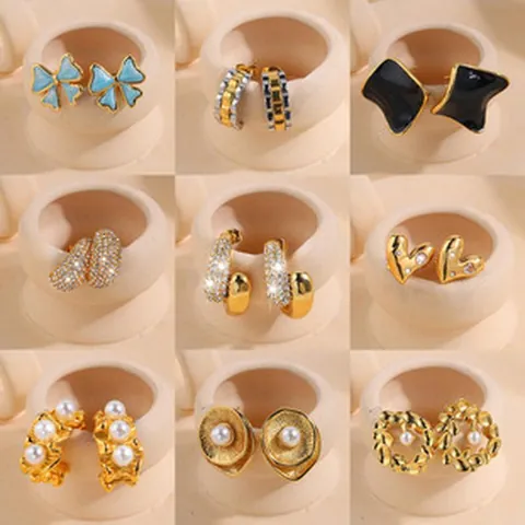 Pendientes de Botón de Acero Inoxidable de Lujo para Mujer Chapados en Oro 18K Strass Perla Artificial Geométricos Corazón Lazo Joyería