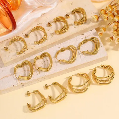 Boucles d'Oreilles Clous en Acier Titane Cœur Géométrique Or Argent Plaqué Acier Inoxydable Triple Couche Torsadées Bijoux Femme Cadeau