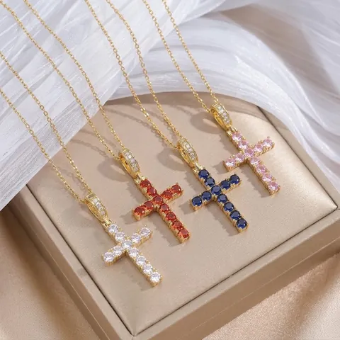 Minimalist Titanium Steel Cross Pendant Necklace For Women Copper Zirconia Inlaid Gold Plated Fashion Clavicle Chain Jewelry