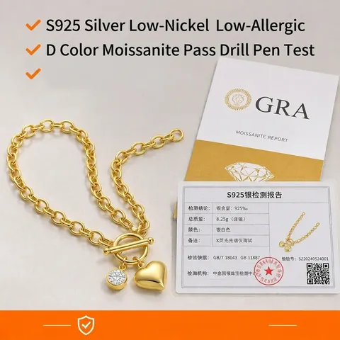 Collar de Colgante de Corazón de Plata de Ley 925 Con Piedra Moissanita Minimalista Cierre de Barra Chapado en Oro Joyería para Mujer