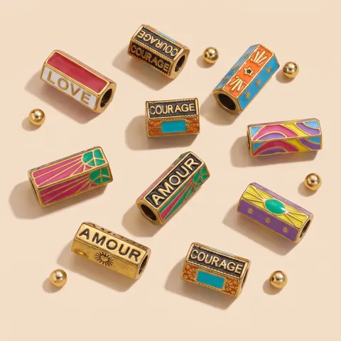Stainless Steel Hexagonal Colorful Enamel Large Hole Beads DIY Jewelry Making Charms Love Amour Courage Patterned Beads
