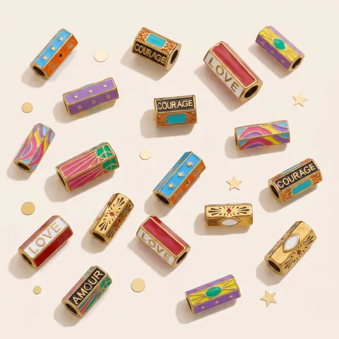 Stainless Steel Hexagonal Colorful Enamel Large Hole Beads DIY Jewelry Making Charms Love Amour Courage Patterned Beads